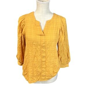 Ana 3/4 Long Sleeve Blouse Shirt Yellow Plaid Womens Size XS